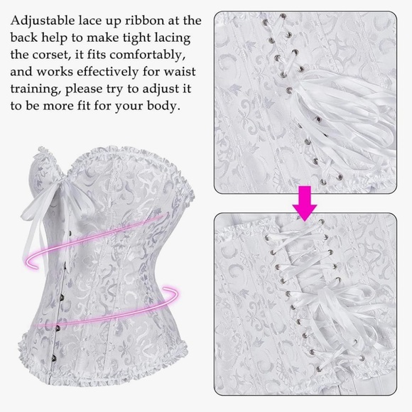 New White Brocade Jacquard Lace Up Corset Bustier Lingerie Shapewear Top - Picture 5 of 11